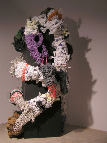 Angela Read Art PolymorphousII made from wood, knitted plastic bags and wire